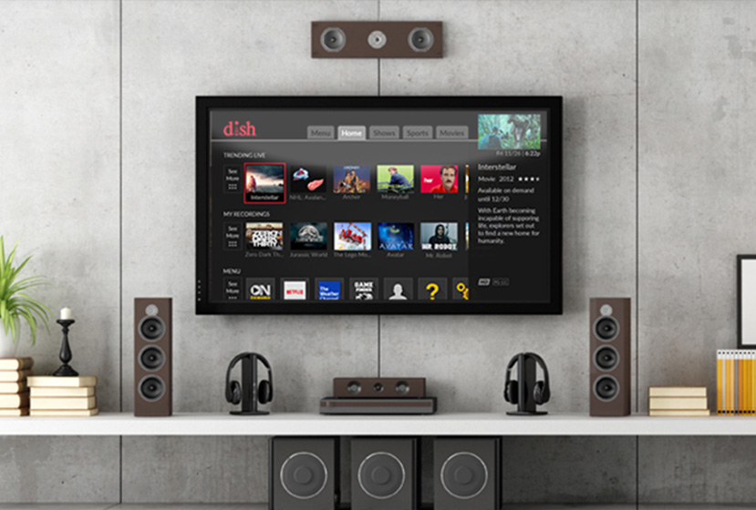 DISH menu interface on a wall-mounted TV