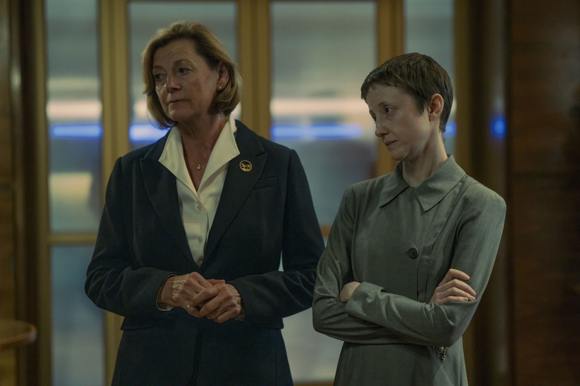 Pippa Haywood and Andrea Riseborough in a scene from 'The Regime' on HBO