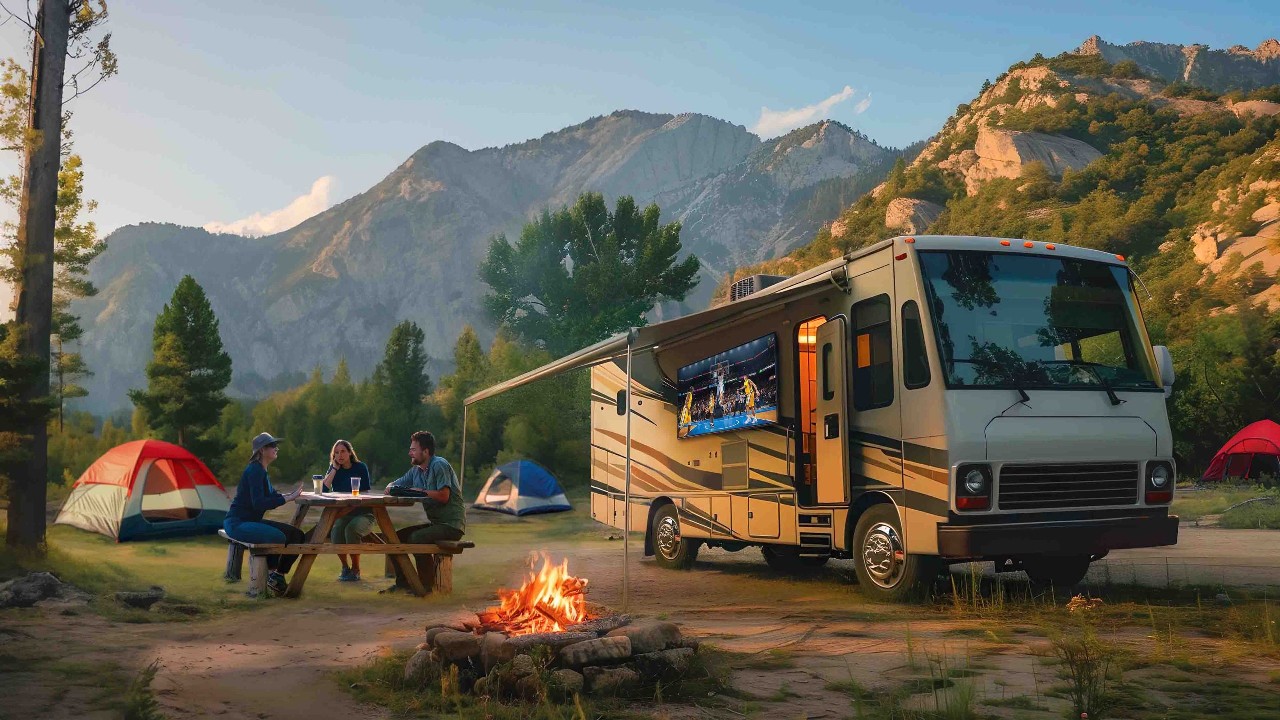 A beautiful camping scene with a TV on the RV.